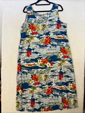 VTG Hilo Hattie The Hawaiian Original Waves Hibiscus Maxi Sheath Dress Sz XL